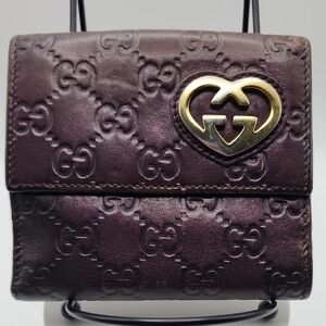 Gucci Dark Purple/Brown Leather Wallet with Gold Heart Logo‎
